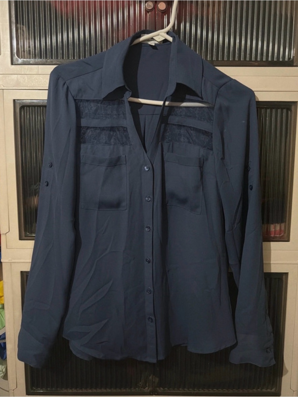 Express Navy Blue Button-Down Shirt with Lace Panels
